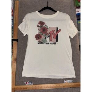 MTV Shirt Womens Medium Beige Crew Neck Short Sleeve Graphic Stretch Pullover